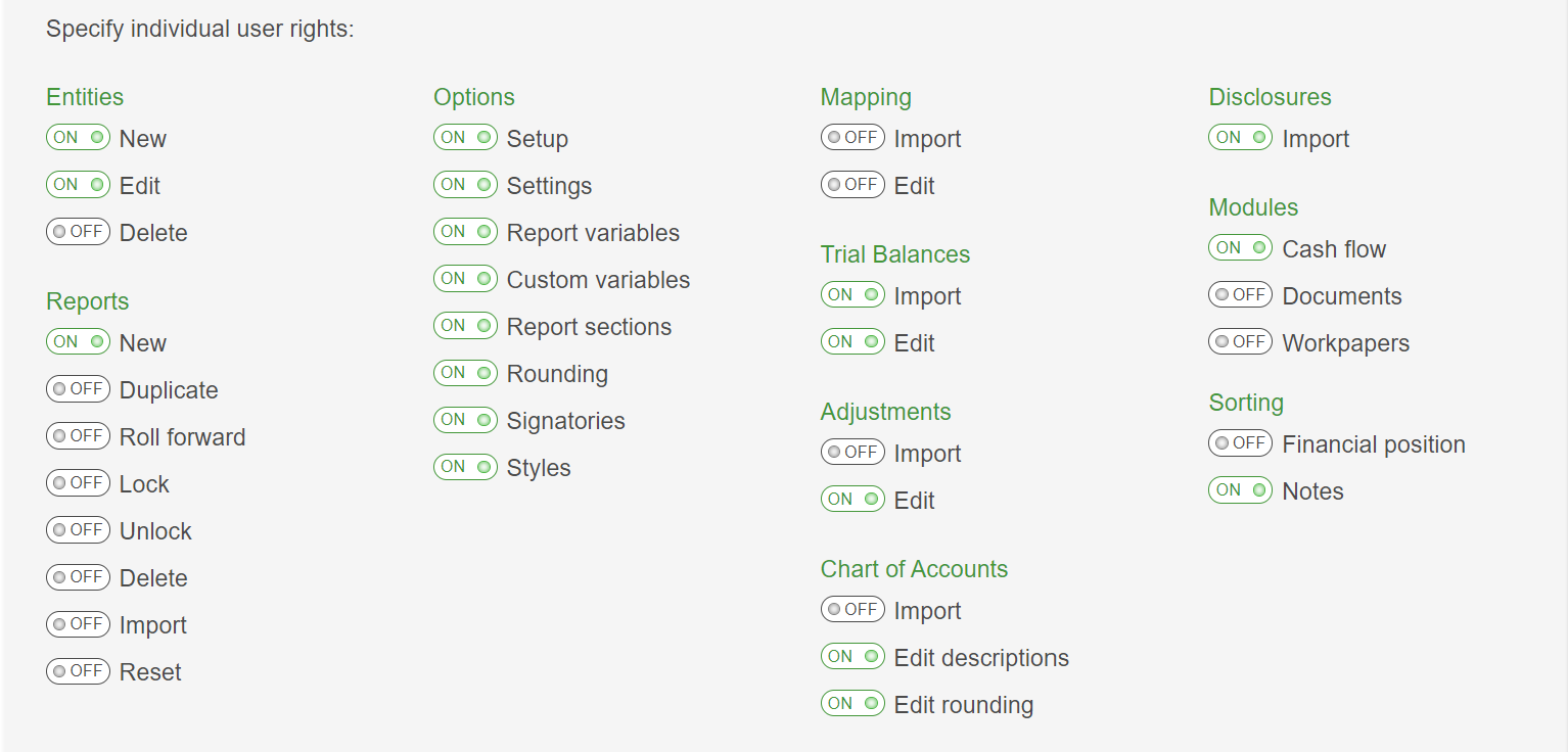 Image shows the User rights screen in the software. Switches have been turned on and off for various user rights settings.